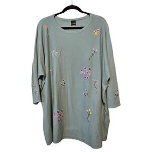 Aaeda Floral Embroidery Sweater Womens 1X Green Boho Cottagecore Garden Spring